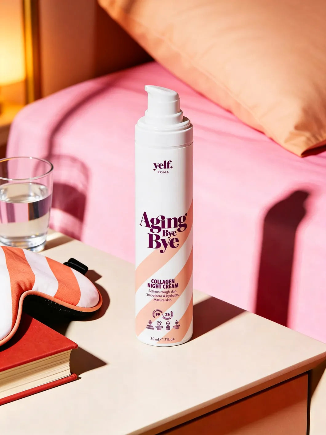 Yelf Aging Bye Bye Collagen Night Cream on bedside table with sleep mask, book and glass of water in a bold, modern night routine setting
