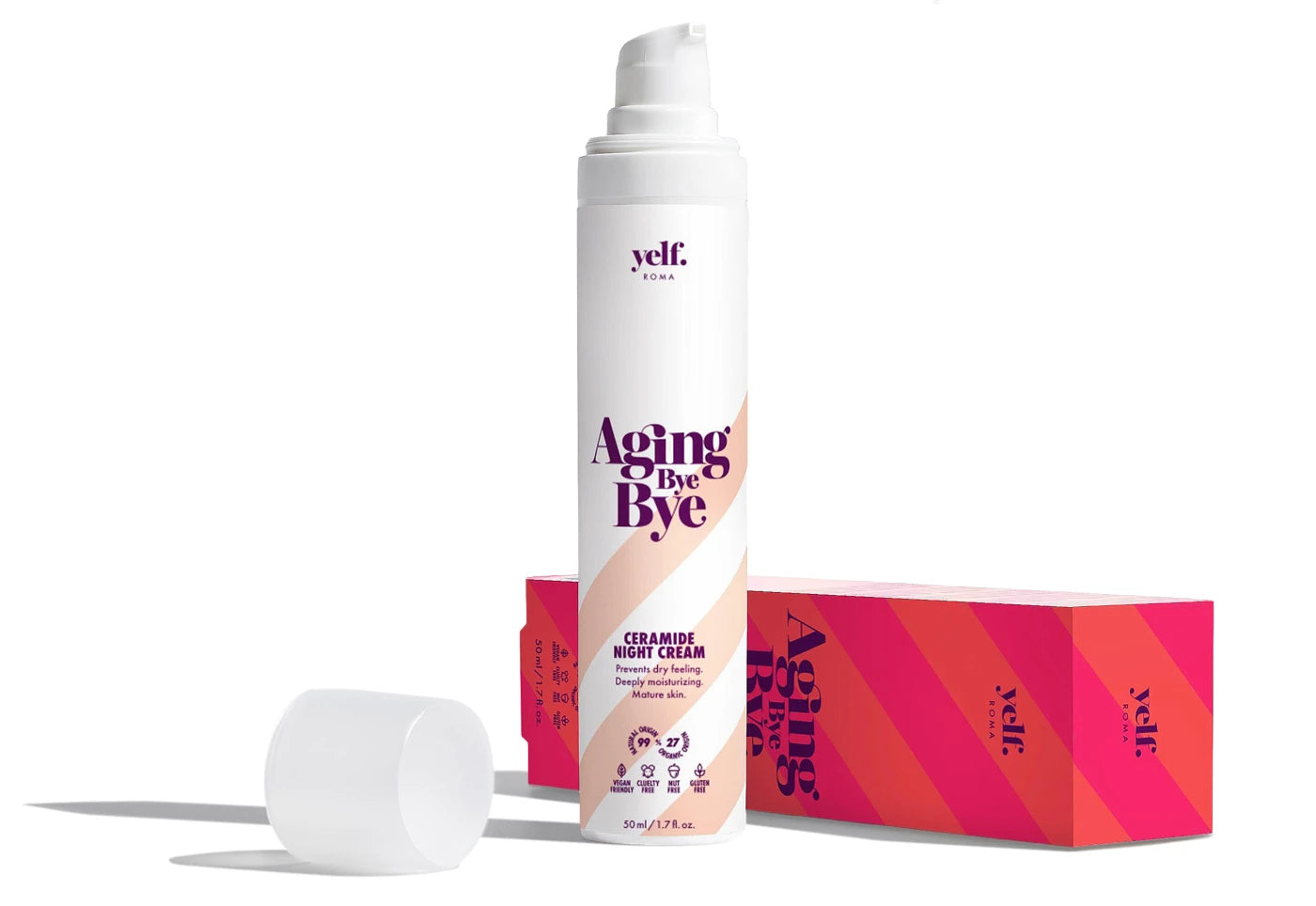 Yelf Aging Bye Bye Ceramide Night Cream bottle with packaging on white background, moisturising night cream for mature skin