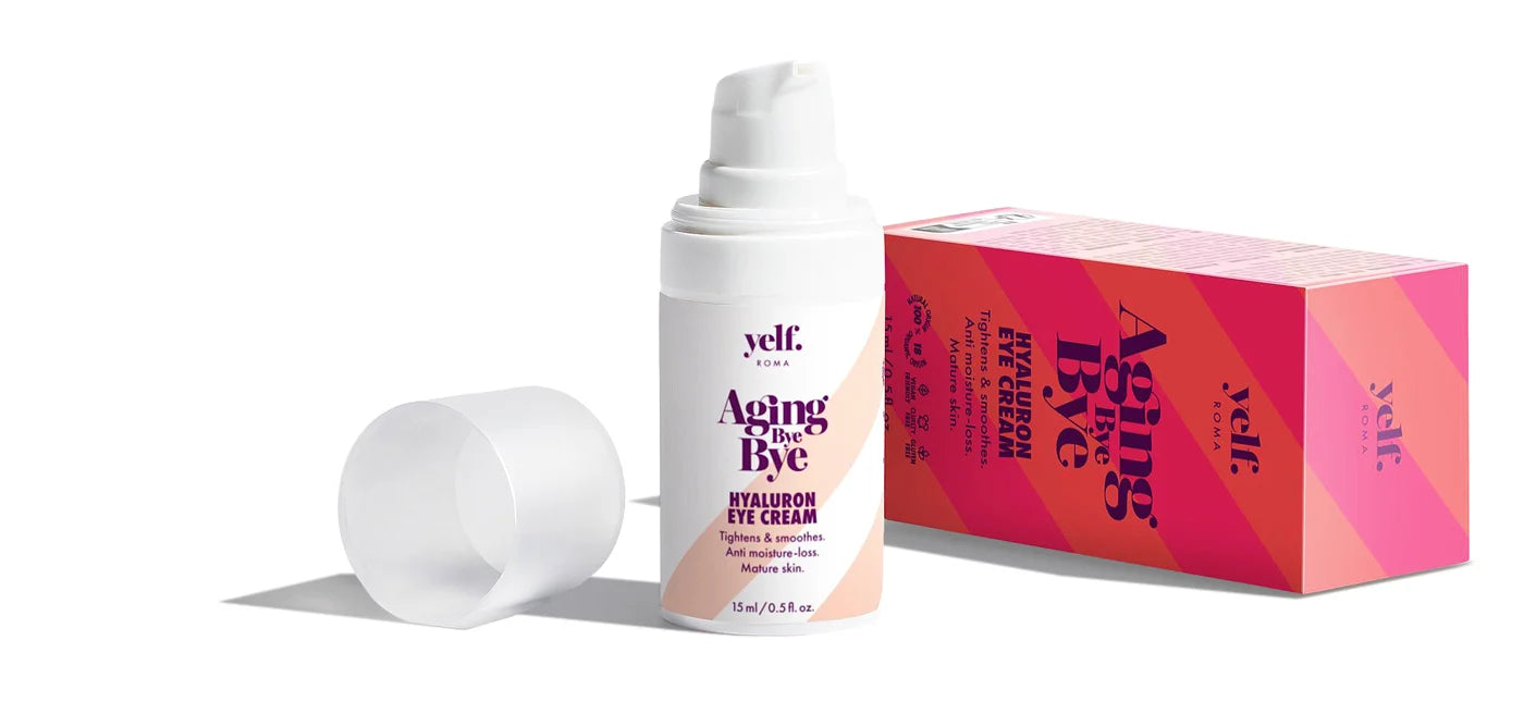 Yelf Aging Bye Bye Hyaluron Eye Cream with box, moisture-boosting eye care for smoother and refreshed under-eye area