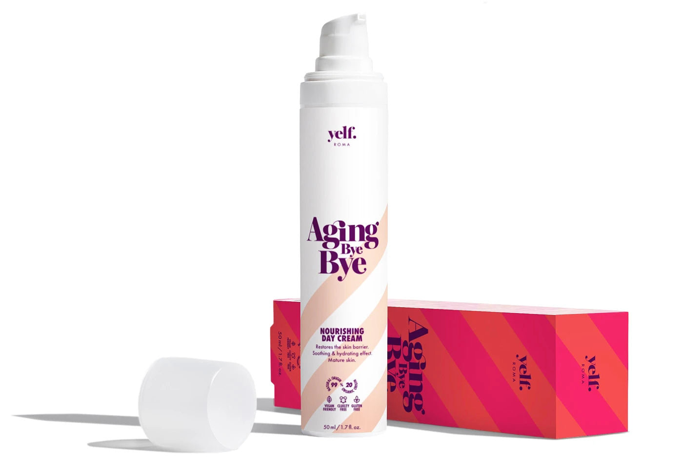 Yelf nourishing day cream for mature skin, hydrating and barrier-supporting face cream with packaging on white background
