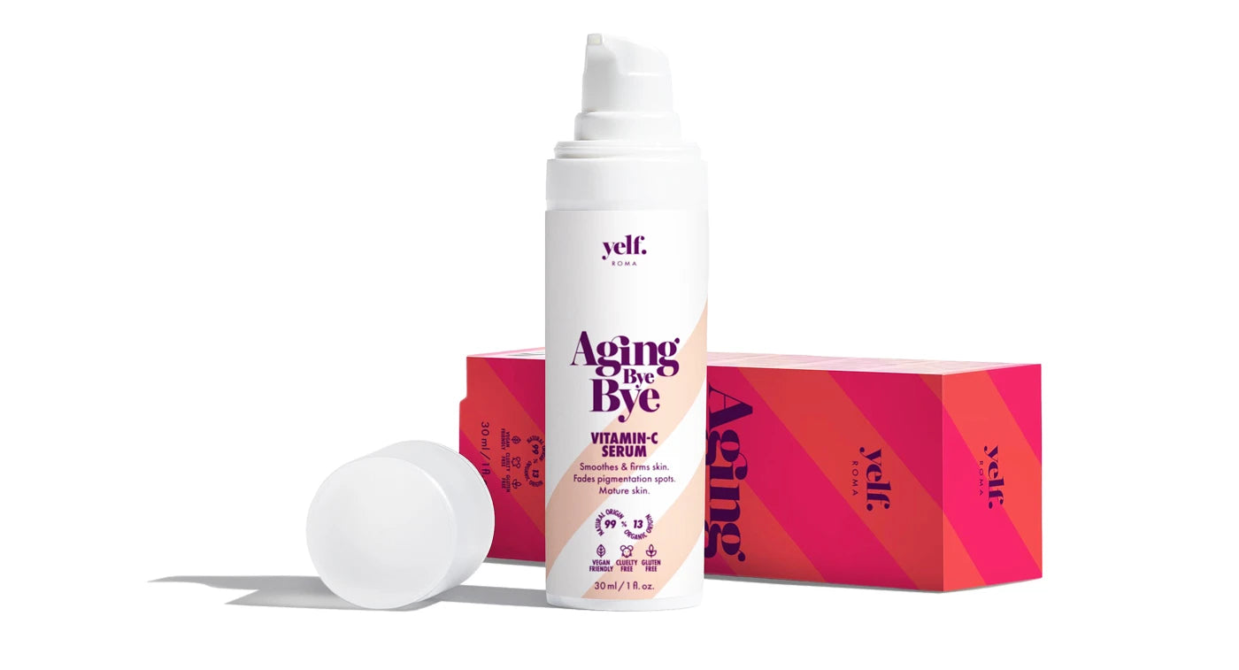 Yelf Aging Bye Bye Vitamin C Serum with box, brightening treatment that smooths skin and evens out tone