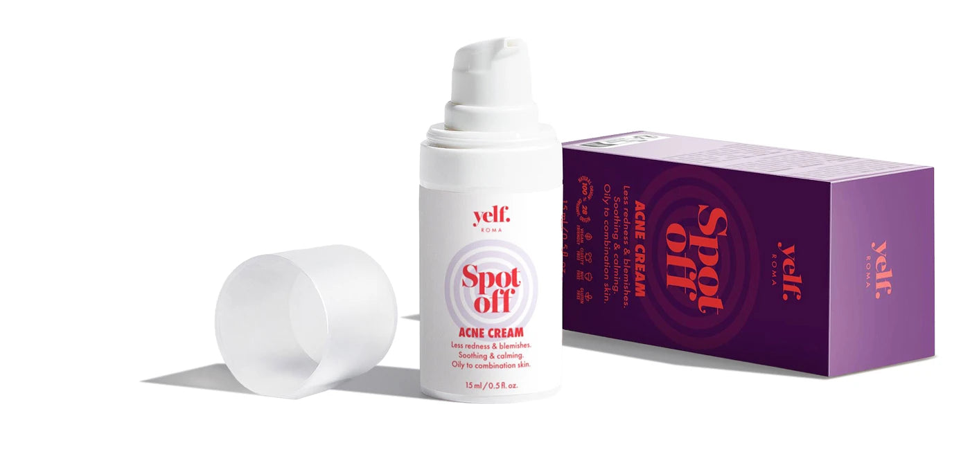 Yelf Spot Off Acne Cream with box, targeted skincare that helps reduce blemishes and calm irritated skin.