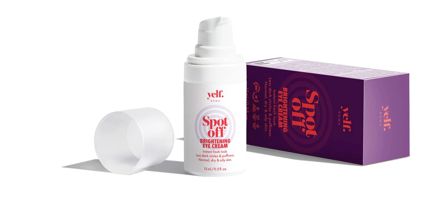 Yelf Spot Off Brightening Eye Cream with box, refreshing eye care that reduces dark circles and signs of fatigue