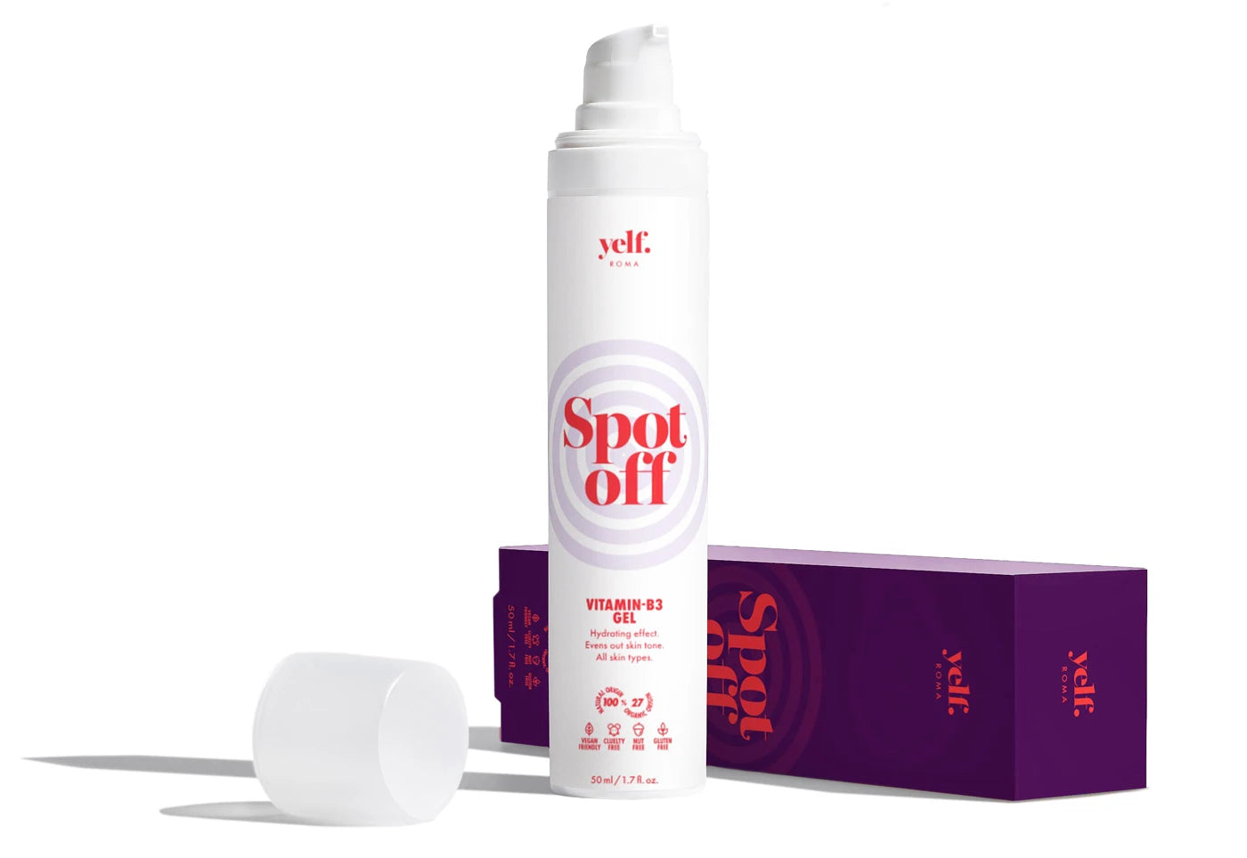 Yelf Spot Off Vitamin B3 Gel with box, refining skincare that helps even skin tone and reduce imperfections.