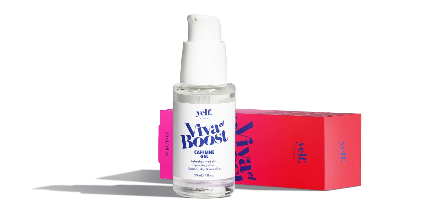 Yelf Viva el Boost Caffeine Gel with box, refreshing skincare that helps reduce puffiness and signs of fatigue