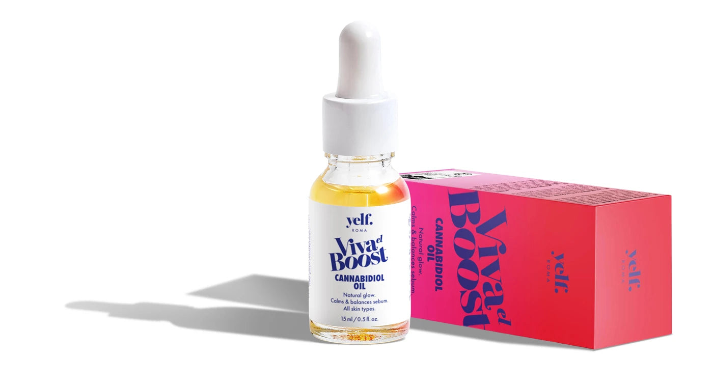 Yelf Viva el Boost Cannabidiol Oil with box, soothing skincare that calms skin and helps maintain a balanced complexion