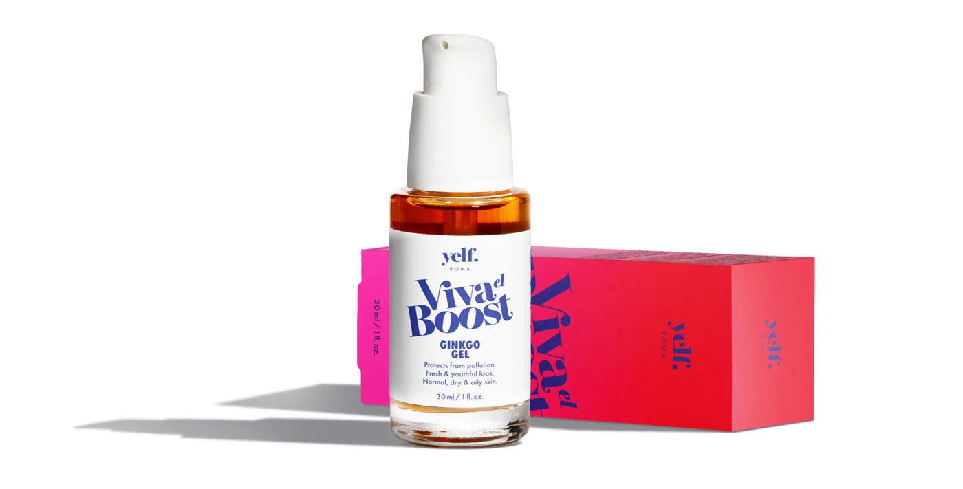 Yelf Viva el Boost Ginkgo Gel with box, antioxidant skincare that helps protect skin from pollution and external stress