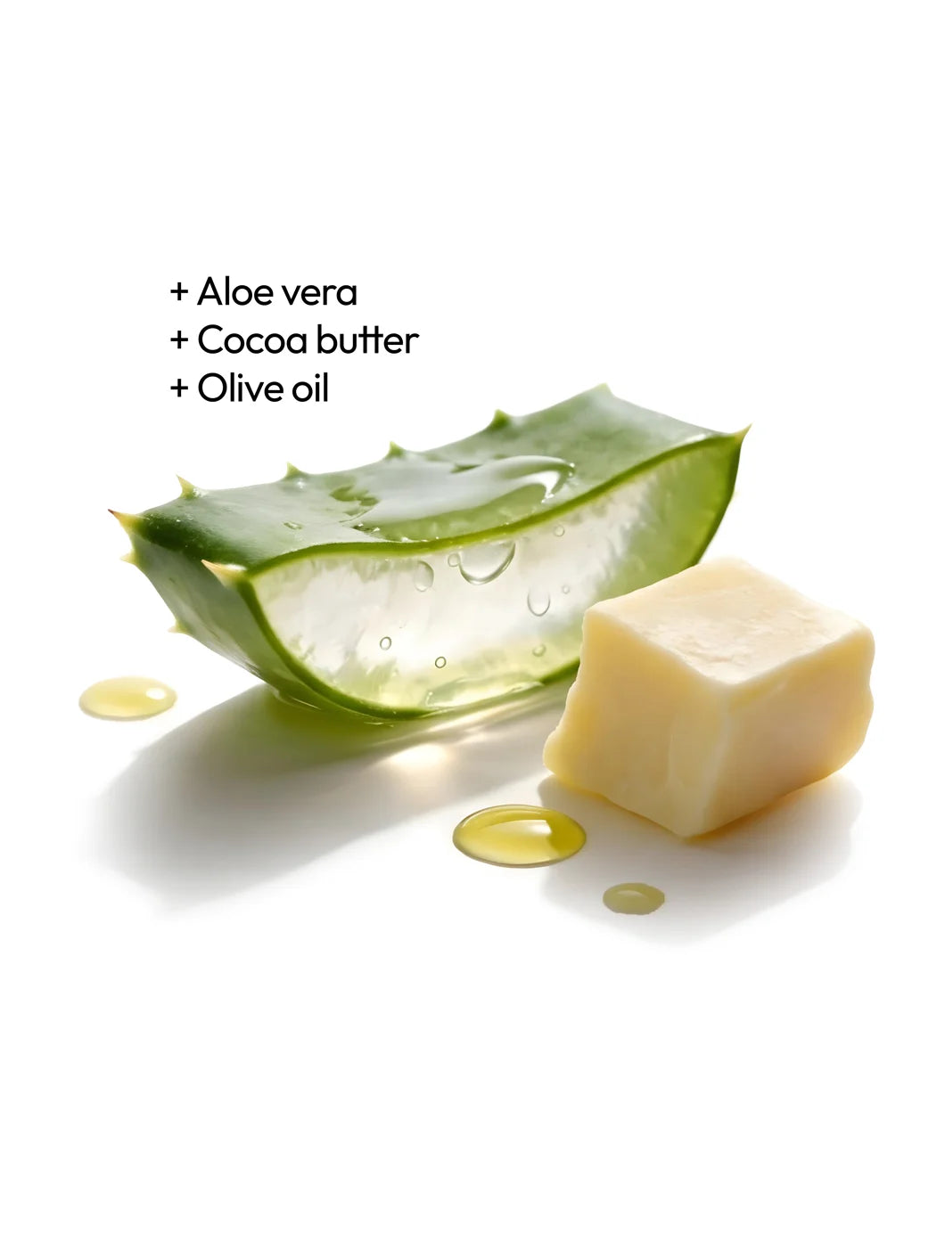 Top view of aloe vera, cocoa butter and olive oil with soft, glossy textures on a bright background, illustrating key ingredients used in Yelf Ceramide Night Cream