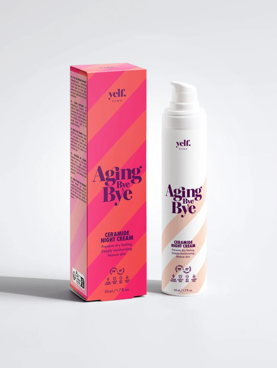 Yelf Aging Bye Bye Ceramide Night Cream with product box and airless pump bottle on a clean light background