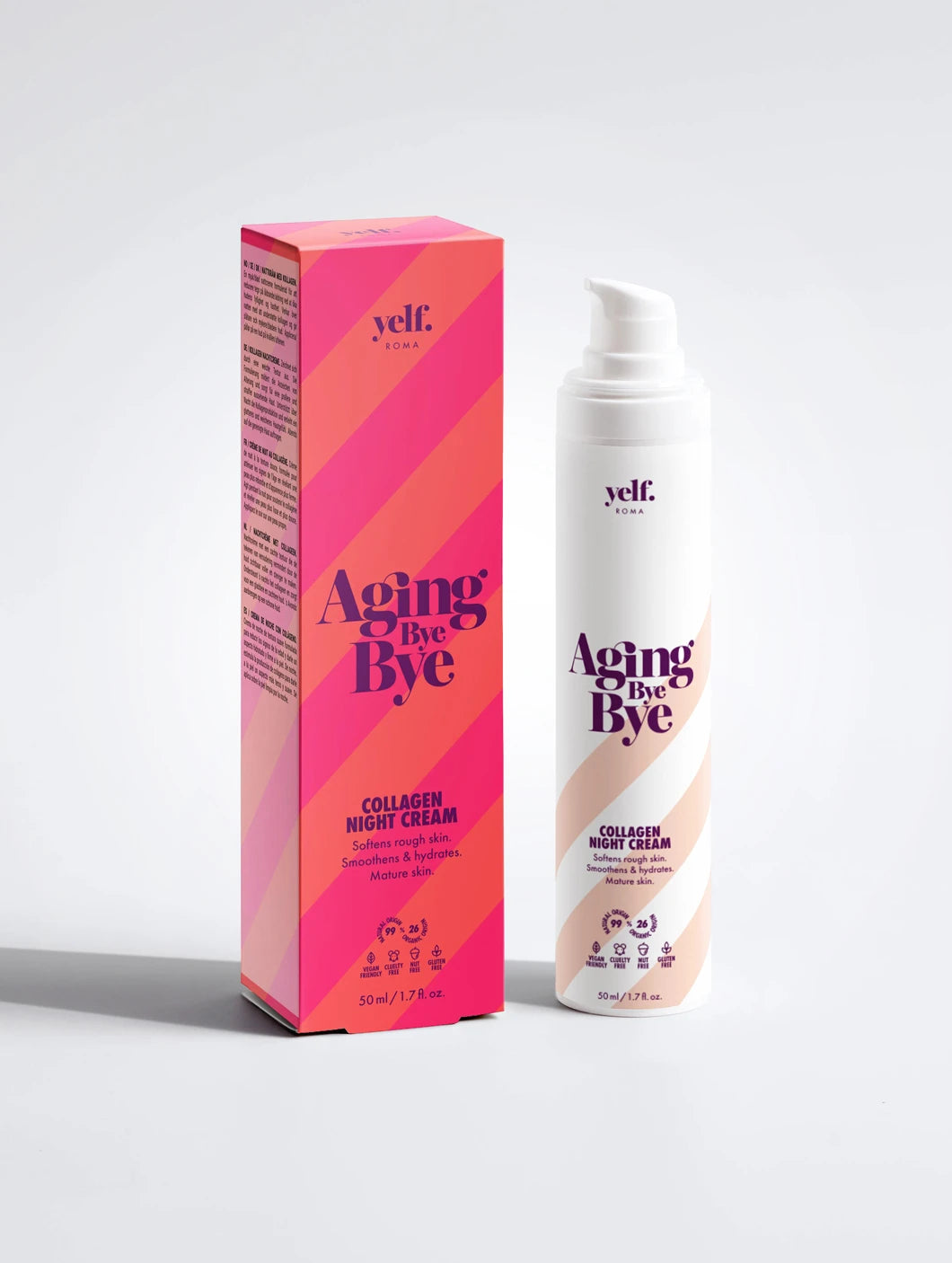 Yelf Aging Bye Bye Collagen Night Cream with product box and airless pump bottle on a clean light background