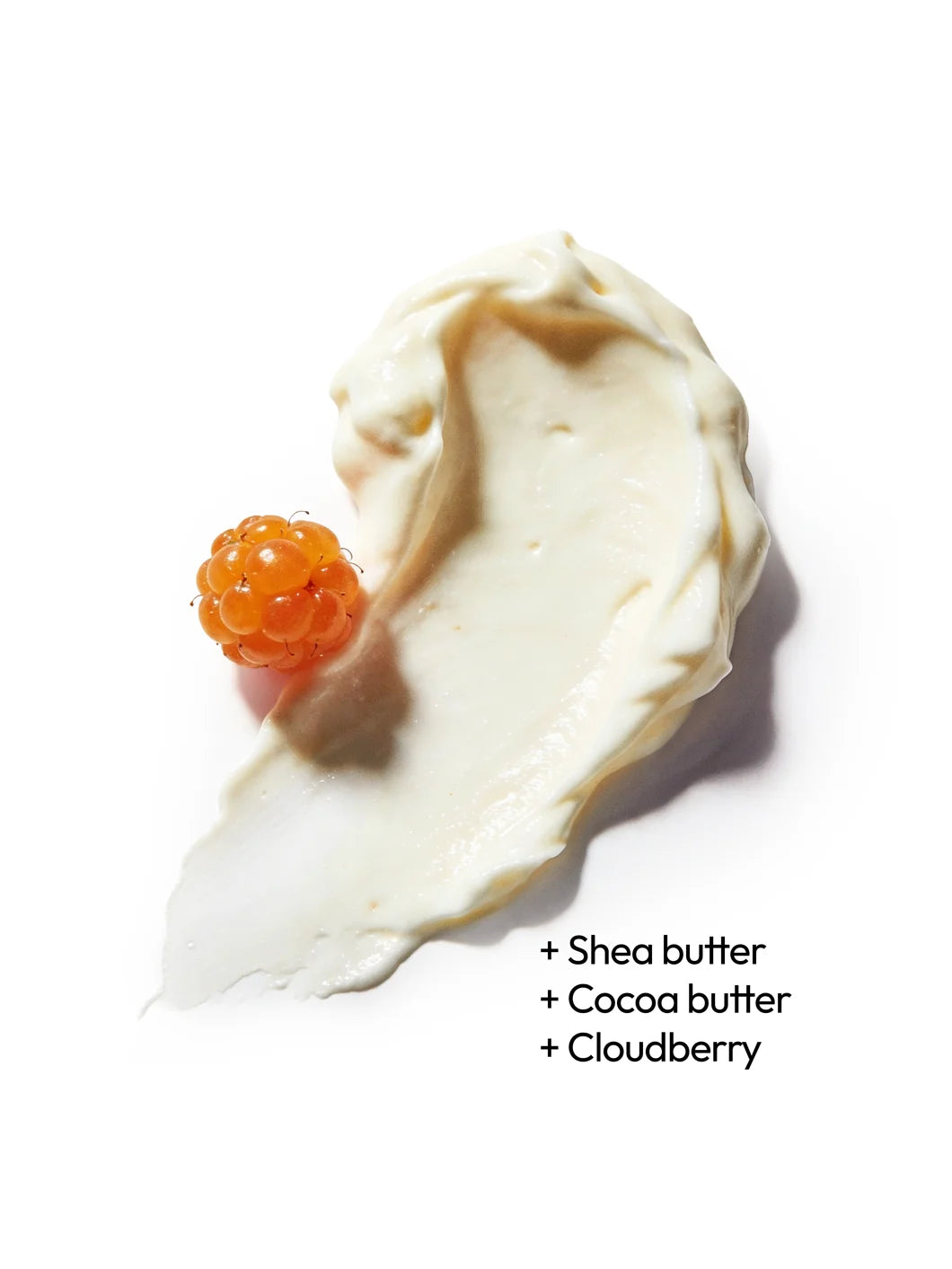Top view of shea butter, cocoa butter and cloudberry with a rich cream texture, illustrating key nourishing ingredients used in Yelf Nourishing Day Cream