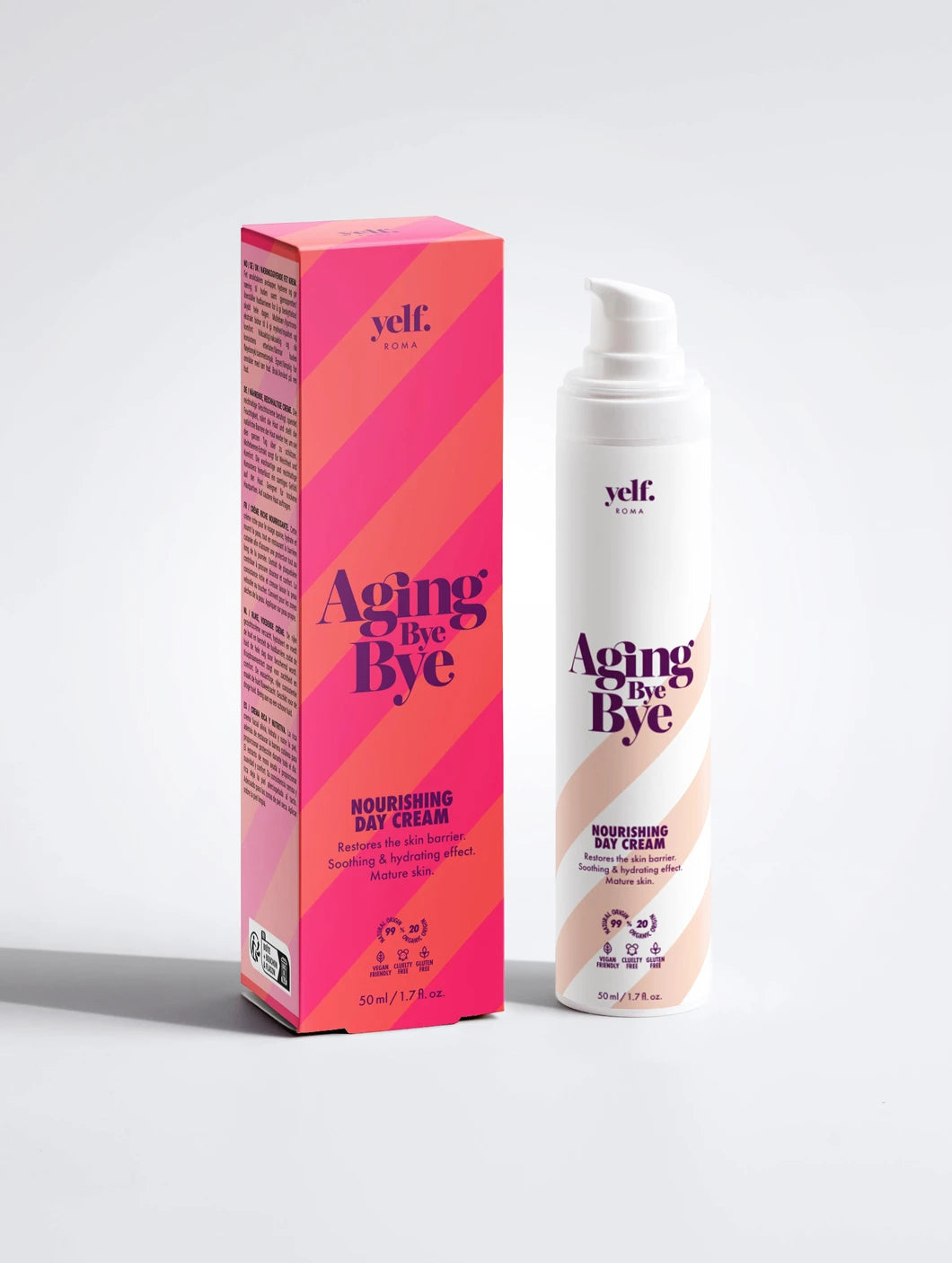 Yelf Aging Bye Bye Nourishing Day Cream with product box and airless pump bottle on a clean light background.