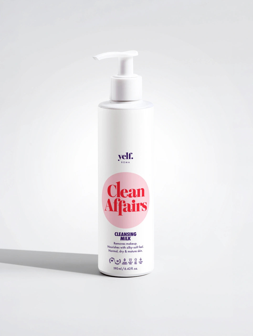 Yelf Clean Affairs Cleansing Milk in a matte pump bottle on a clean studio background with a soft shadow