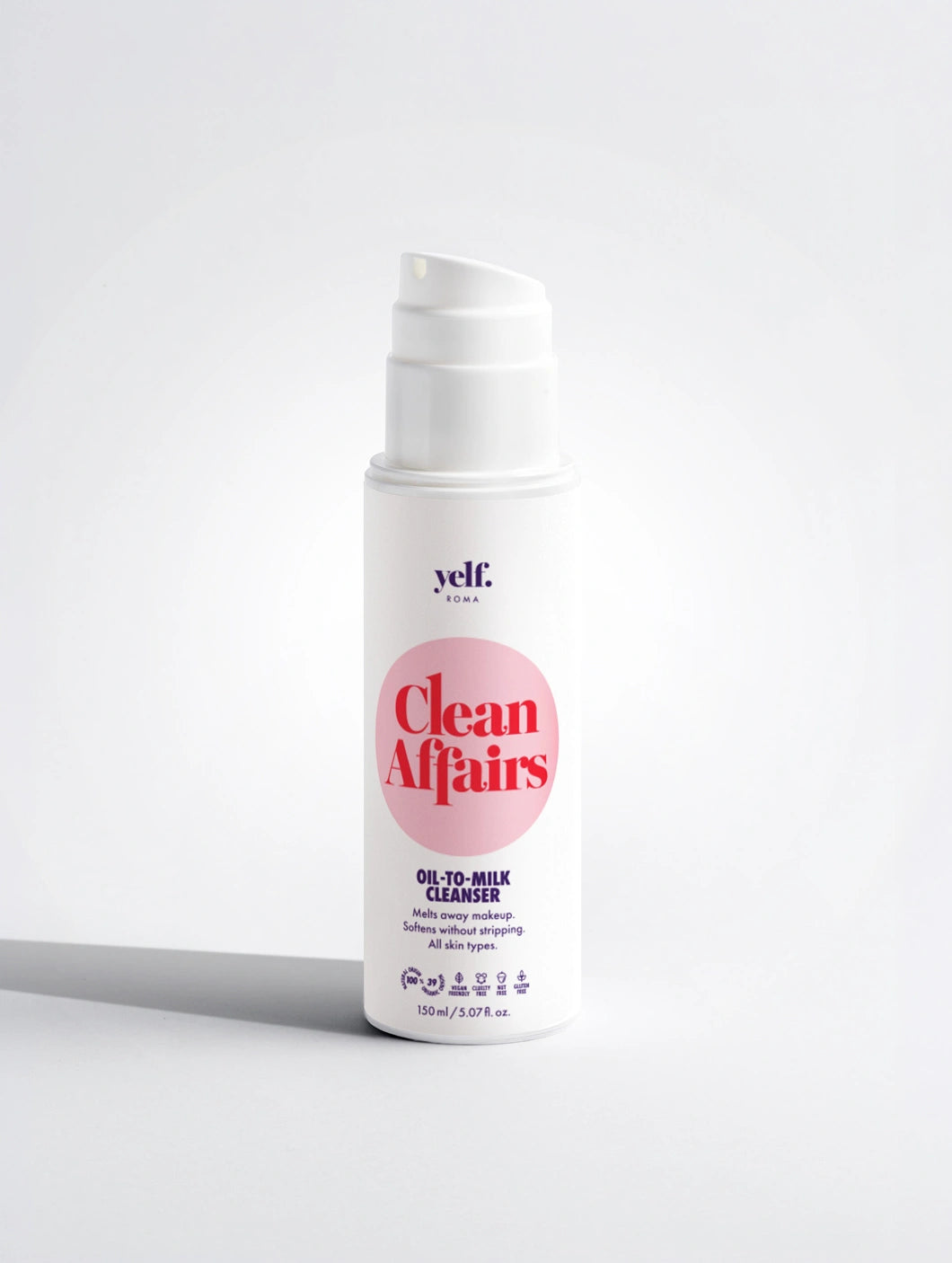 Yelf Clean Affairs Oil-to-Milk Cleanser in a minimalist pump bottle on a light background with a soft shadow