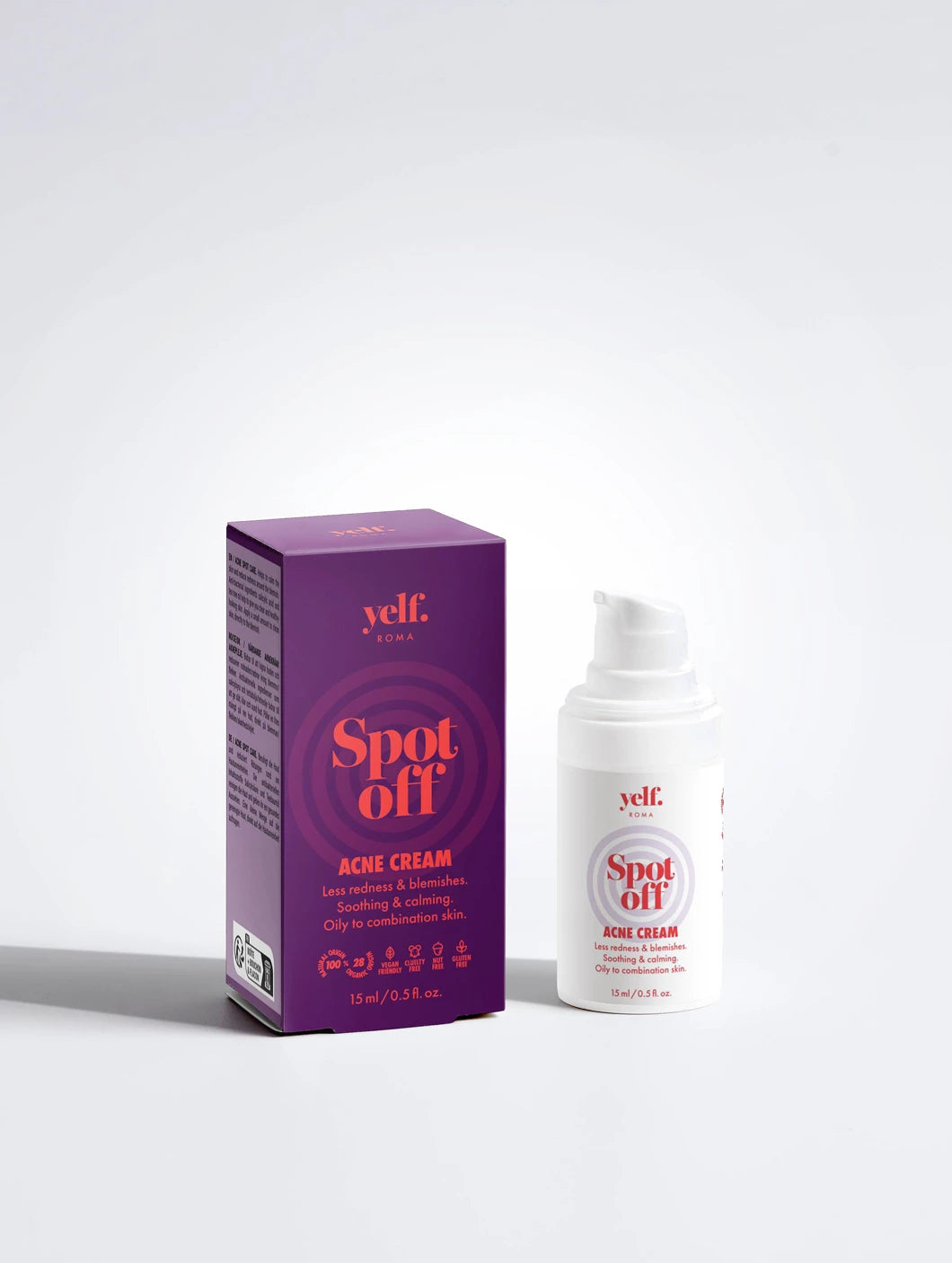 Yelf Spot Off Acne Cream with product box and airless pump bottle on a clean light background