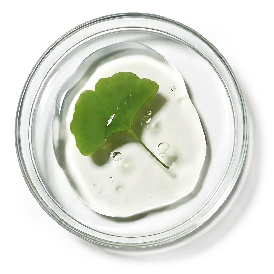 Top view of translucent gel texture with embedded ginkgo leaf in a glass petri dish for Yelf Spot Off Brightening Eye Cream.