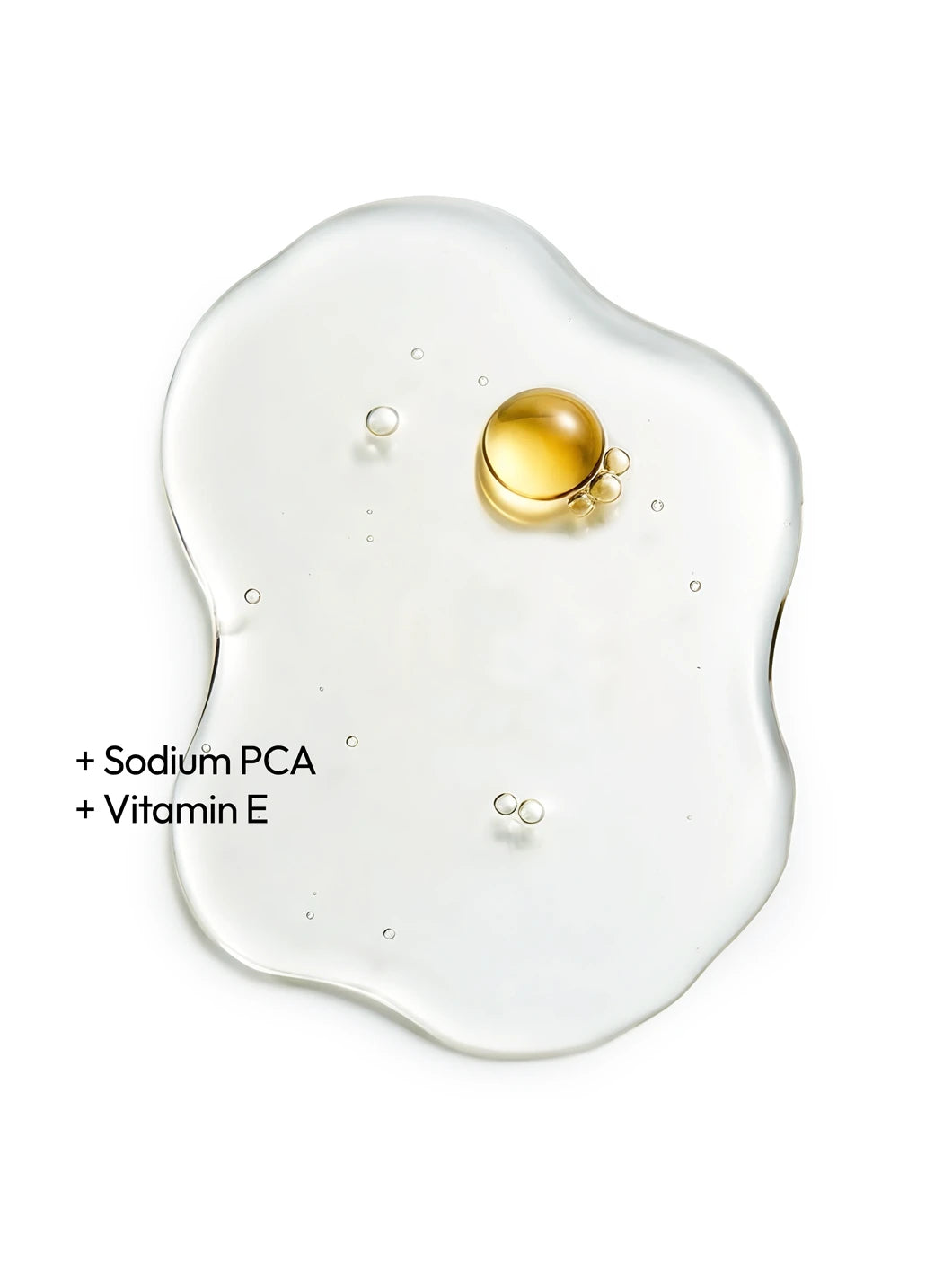 Top view of sodium PCA and vitamin E in a light liquid texture, illustrating hydrating and antioxidant support in Yelf Spot Off Pigment Fix Serum
