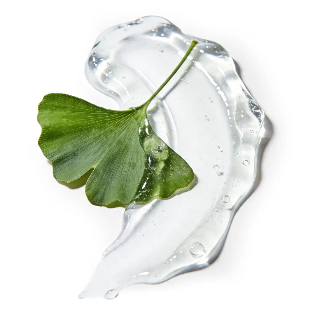 Top view of a transparent skincare gel with a fresh ginkgo leaf, representing Yelf Spot Off Vitamin-B3 Gel with niacinamide and plant-based ingredients.