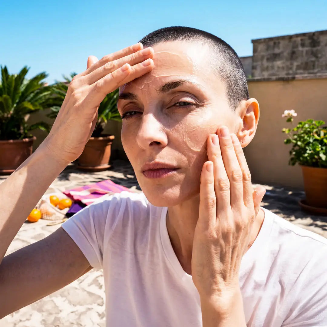 Woman applying Yelf Spot Off Zero-Oil Hyaluron Gel on a sunny terrace while enjoying a bright summer day outdoors.