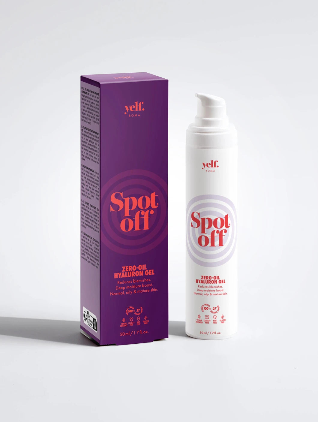 Yelf Spot Off Zero-Oil Hyaluron Gel with product box and airless pump bottle on a clean light background
