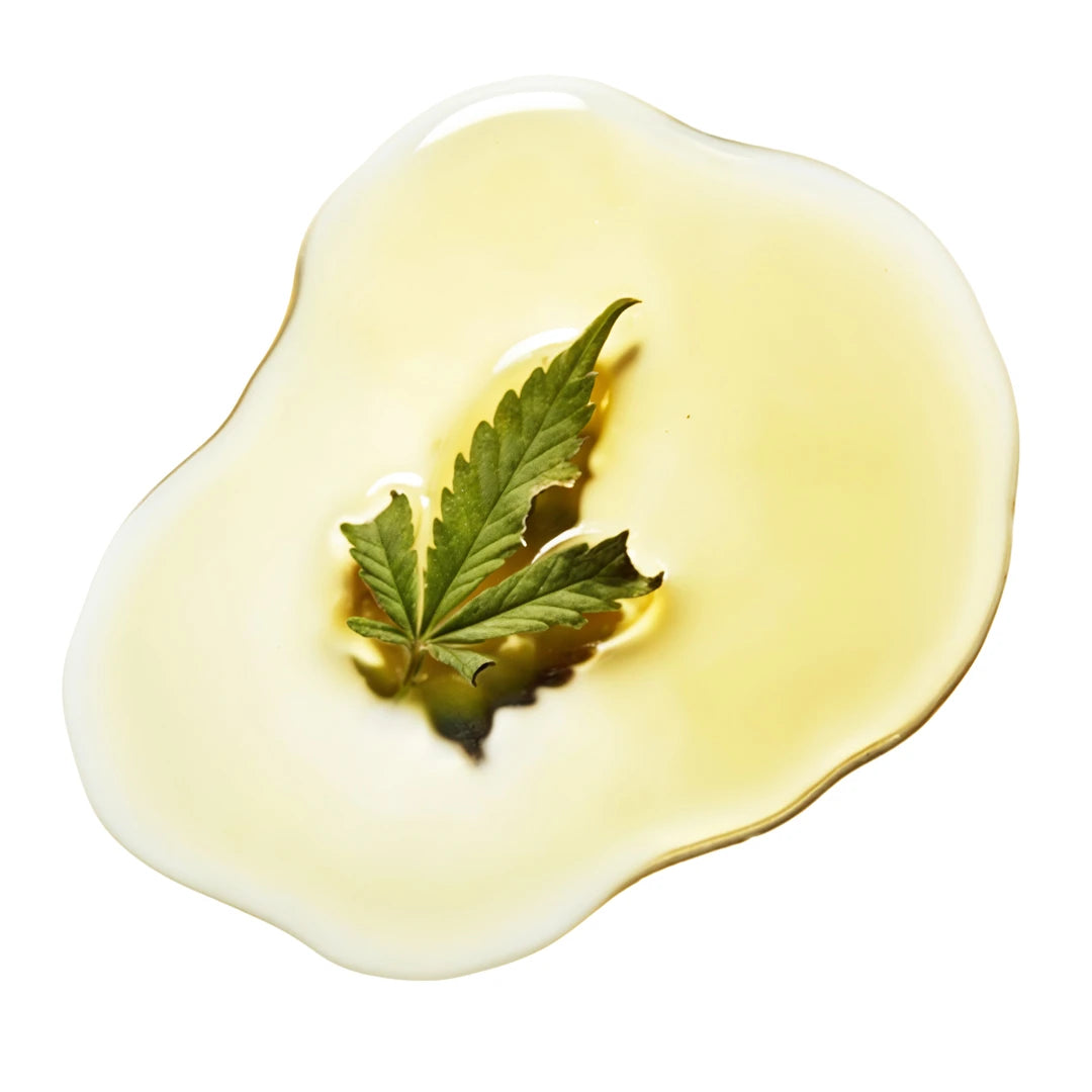 Yelf Viva el Boost Cannabidiol Oil shown with a delicate cannabis leaf in a thin, irregular oil layer with soft reflections, bright studio lighting, minimal skincare aesthetic