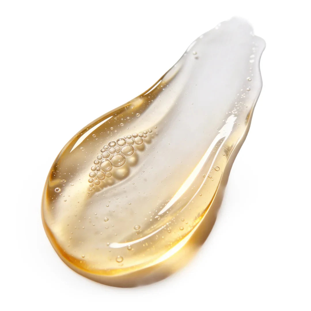 Translucent hyaluronic acid gel in dynamic organic shape with air bubbles on clean white background representing Yelf Viva el Boost Collagen Serum.