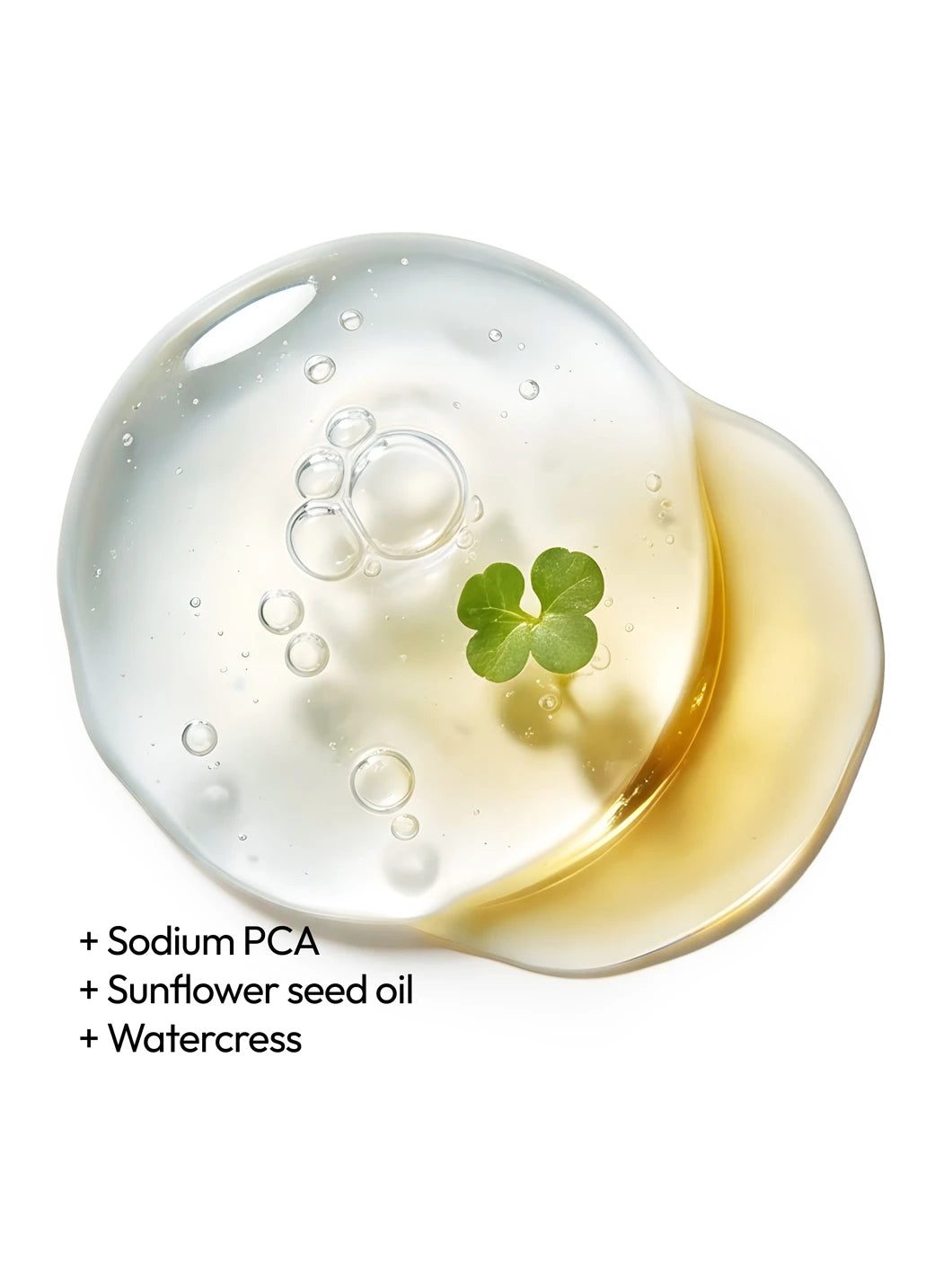 Top view of sodium PCA, sunflower seed oil and watercress in a lightweight texture, illustrating hydration and nourishment in Yelf Viva el Boost Collagen Serum
