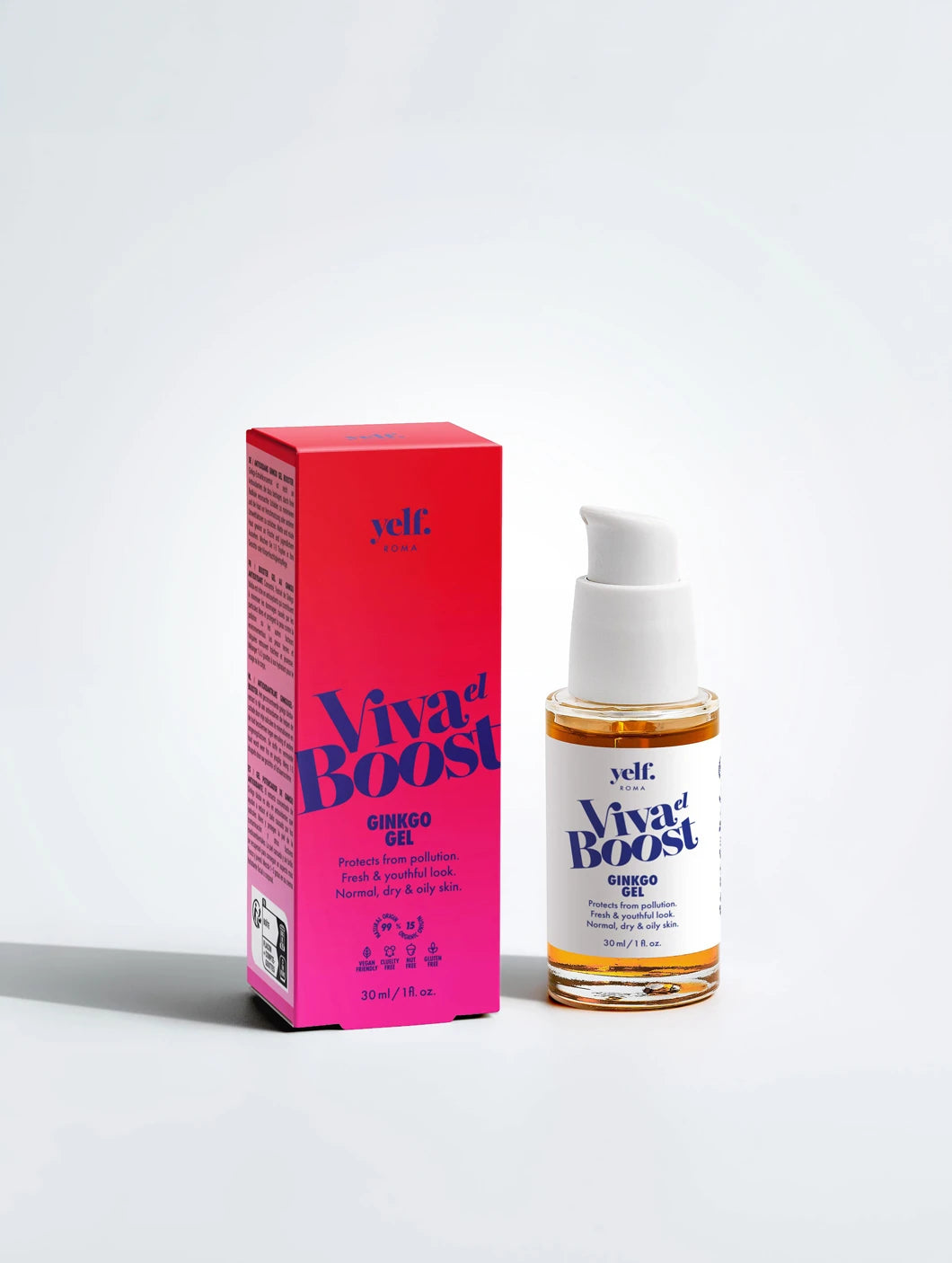 Yelf Viva el Boost Ginkgo Gel main product image showing packaging and airless dispenser on a minimal background