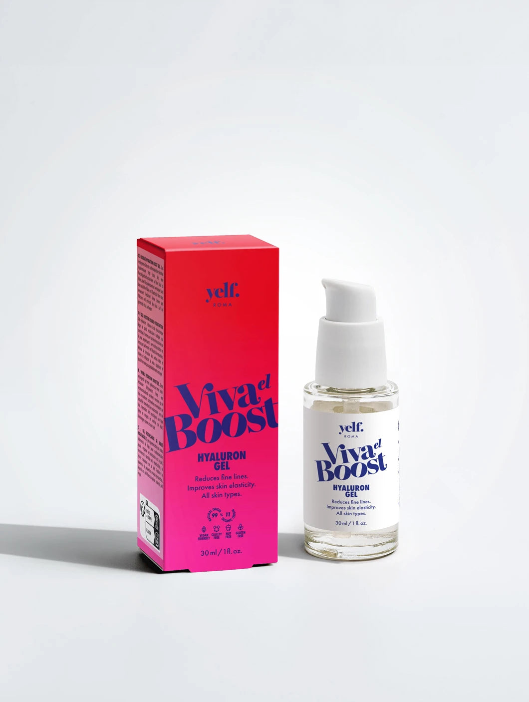 Yelf Viva el Boost Hyaluron Gel with product box and airless pump bottle on a clean light background