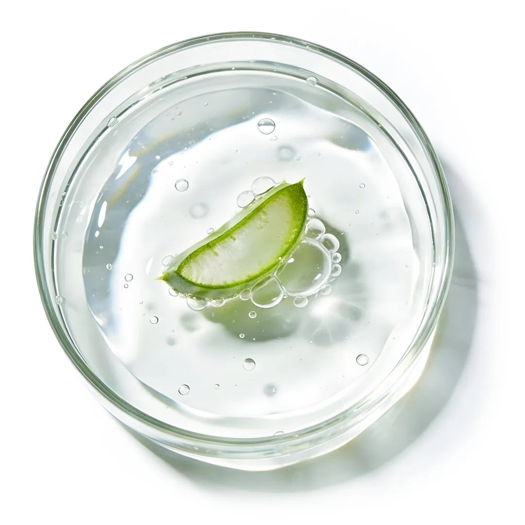 Yelf Viva el Boost Hyaluron Gel in a thin glass petri dish with a clear gel texture, aloe vera slice and visible hydration bubbles on a clean white background